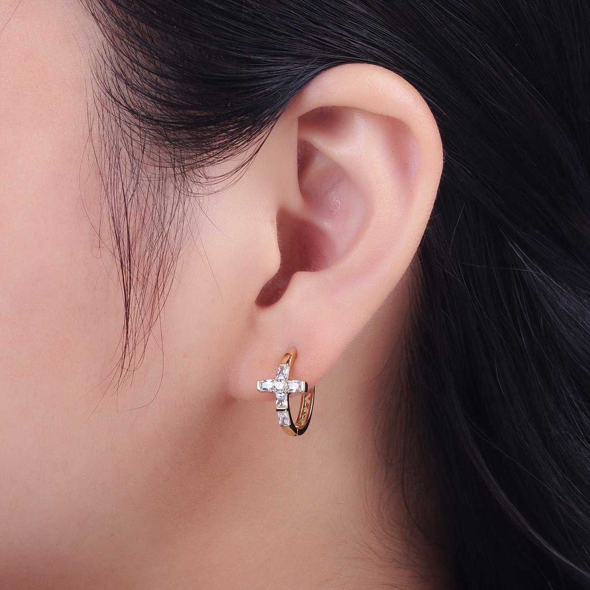 Cubic Zirconia Cross Huggies